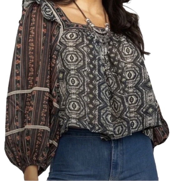 Free People Mostly Meadow Floral Blouse Top SZ S CottageCore Square Neck Boho - Picture 1 of 8